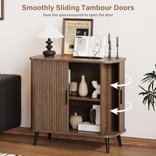 Svimi Accent Cabinet with Sliding Doors - Walnut Sideboard Buffet Cabinet with Storage for Coffee Bar, Console Table - MCM Design Bar Cabinets for Modern Home Décor