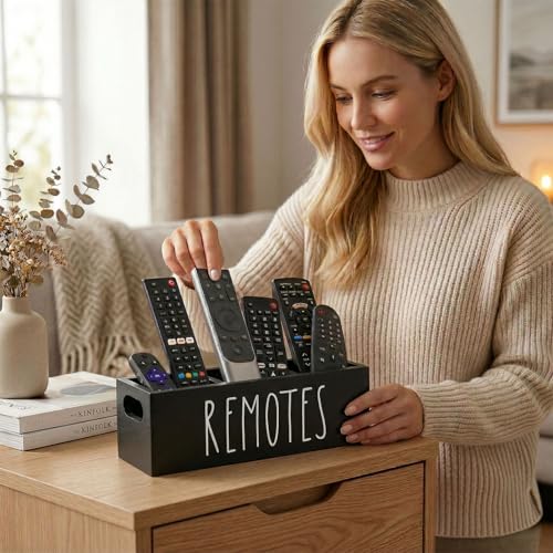 Remote Control Holder, Farmhouse Remote Storage Caddy, Bedside TV Controller Box, Rustic Wood Media Organizer Tray for Home Bedroom Table (Black) - color: Black