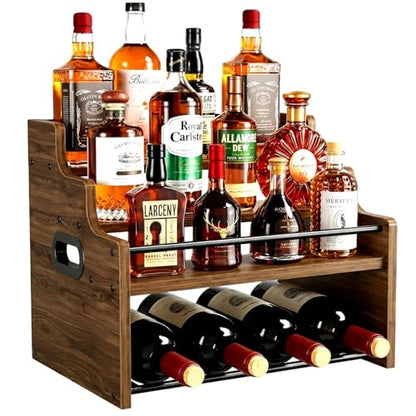 4-Tier Wood Display Shelf Wine Rack for 16 Bottles Wood Coffee Syrup Organizer with Handles Home Whiskey Shelf Retro Mini Liquor Cabinet Spice Rack Coffee Bar Shelves, Walnut - color: Walnut