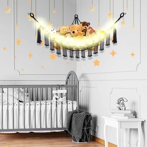 CERETIA Stuffed Animal Hammock with LED Light, Large Stuffed Animals Storage Corner Plushie Net for Kids Room Decor, Jumbo Black - color: Black, size: Jumbo-(Package of 1)
