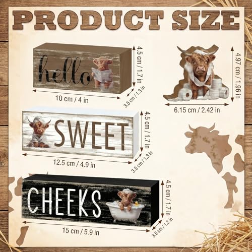 4 Pcs Highland Cow Bathroom Decor Funny Farmhouse Tiered Tray Decor Rustic Highland Cow Table Wooden Signs Home Bathroom Shelf Sitter Restroom Accessories Guest Housewarming Gift Set - style: Highland Cow