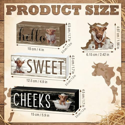 4 Pcs Highland Cow Bathroom Decor Funny Farmhouse Tiered Tray Decor Rustic Highland Cow Table Wooden Signs Home Bathroom Shelf Sitter Restroom Accessories Guest Housewarming Gift Set - style: Highland Cow