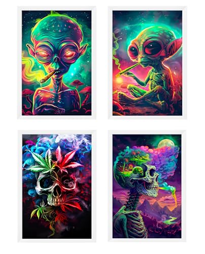 GlowDots Alien Wall Art Set of 4, Psychedelic Skull Posters, Trippy Neon Art Prints, Futuristic Space Room Decor for Bedroom, Dorm, Gaming Room(Unframed)