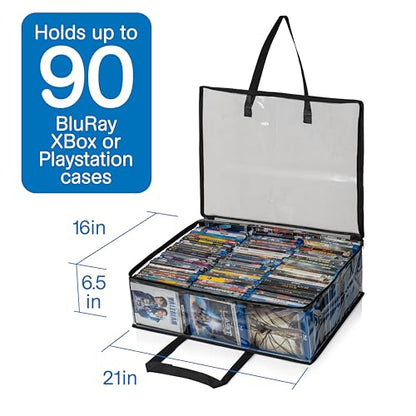 Besti Blu Ray Case Holder Organizer, Set of 2 Clear Plastic Bags with Handles for Storing Blurays, DVDs, CDs, Storage Bags for Video Game Cases, Holds Up To 90 Bluray and 60 DVD Cases (Black)
