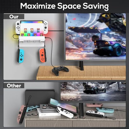 RGB Switch Wall Mount for Nintendo Switch/OLED, Games Console Wall Shelf with 7 Light Mode,Station Stand Holder for Switch Console, 7 Game Card Slots, 4 Controller Storage Hook for Switch Accessories - size: White