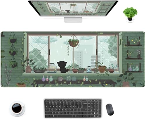 Green Kawaii Desk Mat Mousepad Pixel Plant Mouse Pad Gaming XL Large Desk Pad Anime Cat Desk Matt for Desktop, Computer Laptop Keyboard and Mouse Mat for Women Office Decor Accessories 31.5x11.8 in - color: Green Pixel Plant, size: 31.5" x 11.8"