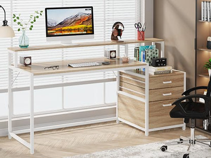 Tribesigns 63 Inch Computer Desk with File Drawer Cabinet, Ergonomic Office Desk with Monitor Stand, Industrial Computer Table with Printer Space, Wood PC Table Workstation Desk for Home Office - color: Walnut