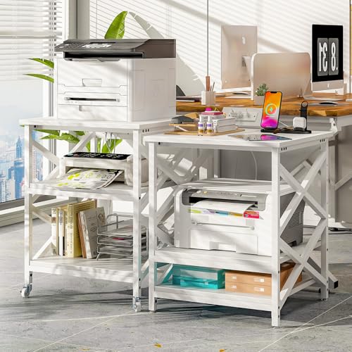 METYERRY Large Printer Stand with Power Outlet, with Height Adjustable Storage Shelf, 3 Tier Rolling Printer Cart with Industrial Wheels, 23.6 x 23.6 Inches Printer Table for Home Office, White - color: White