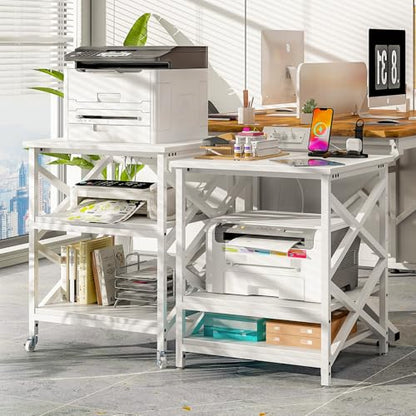 METYERRY Large Printer Stand with Power Outlet, with Height Adjustable Storage Shelf, 3 Tier Rolling Printer Cart with Industrial Wheels, 23.6 x 23.6 Inches Printer Table for Home Office, White - color: White