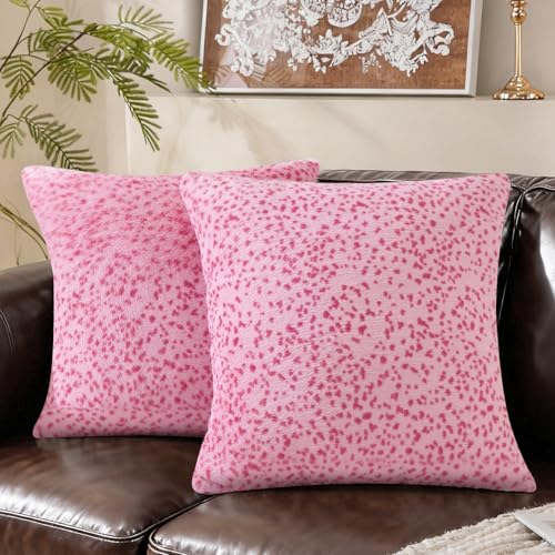SYSLOON Faux Fur Cheetah Print Pillow Covers 18x18 Inch Set of 2, Leopard Print Decorative Pillow Covers Home Decor for Living Room Sofa & Bed, Pink - color: Pink, size: 18" x 18" (Pack of 2)