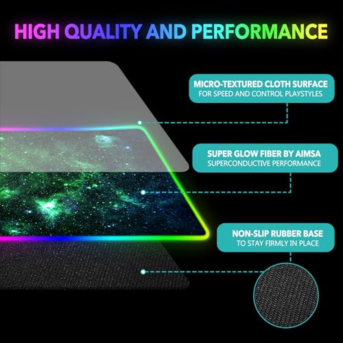 AIMSA RGB Gaming Mouse Pad Extended, Large Led Mousepads Non-Slip Rubber Base with 14 Lighting Modes, Computer Keyboard Mat Soft Desk pad 35.4 x 15.8 inches, Green Star River - color: Green Star River