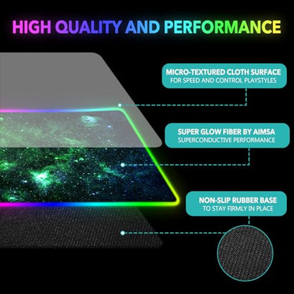 AIMSA RGB Gaming Mouse Pad Extended, Large Led Mousepads Non-Slip Rubber Base with 14 Lighting Modes, Computer Keyboard Mat Soft Desk pad 35.4 x 15.8 inches, Green Star River - color: Green Star River