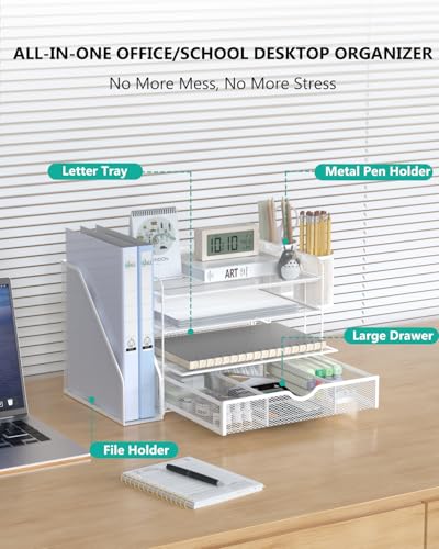 WALI Desk File Organizer, 4 Tier Desktop Paper Letter Tray Organizer with Drawer and 2 Pen Holders, Office Desk Accessories & Workspace Organizers for Office, Home Supplies(DO005DH-W), 1 Pack, White - color: White, size: 4-Tier