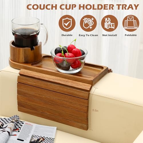 Couch Cup Holder Tray, 15.75" Acacia Wood Couch Armrest Table, 3 in 1 Foldable Sofa Clip on Side Table with 360° Phone Stand, Armrest Tray for Coffee Snacks - color: Acacia Wood