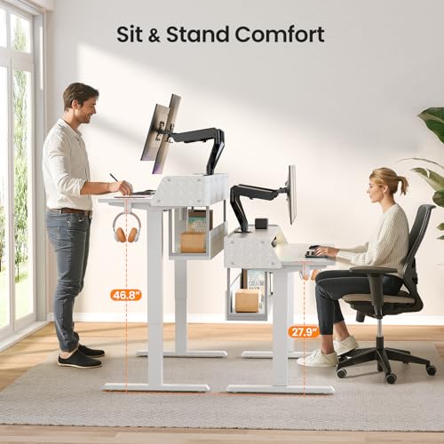 ErGear Electric Standing Desk, 55x28 Inch Adjustable Sit Stand Desk with Bookshelf & Monitor Stand, Standing Gaming Desk with LED Light Strip, Stand Up Desk for Home Office, White - color: White, size: 55*28 Inch with shelf