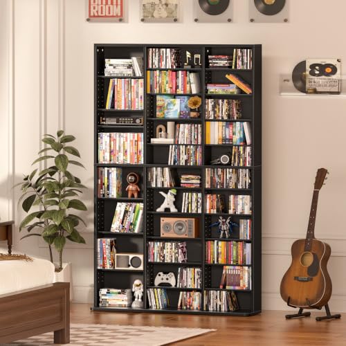 LELELINKY 11 Tier Tall Display Cabinet, Black Media Storage Cabinet with Adjustable Shelves, Free Standing DVD Organizer Shelf, Floor Multimedia Storage Manga Bookshelf for Living Room & Home Office. - color: Black, size: 11-Tier