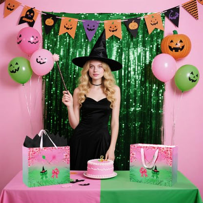 Mprocen Pink Green Party Favor Bags, Witch Musical Cartoon Animation Goodie Bags with Greeting Cards Tissue Papers for Witch Crown Theme Birthday Party Supplies - color: Themed 1