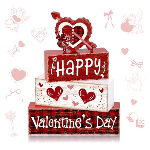 Britimes 4Pcs Valentine’s Day Table Decor Red Happy Valentine’s Day Heart Tiered Tray Decorations Set Rustic Farmhouse Wooden Stack Block Signs Plaid Romantic Tabletop Decor for Table Home Office - style: Cupid of Love Valentine