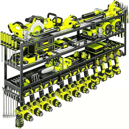 49" Heavy Duty Wall Mount Power Tool Organizer, 4-Tier Storage Rack with 12 Drill Holders & Battery Shelves, 600LBS Capacity for Garage Workshop - color: Without charging station, size: 4 Layer/12 Tool Holder