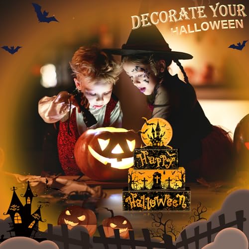 Britimes 4 Pcs Halloween Decorations for Home Wooden Tiered Tray Decorations Set Full Moon Happy Halloween Table Decor Farmhouse Rustic Tabletop Decor for Table & Home Office - style: Haunted House