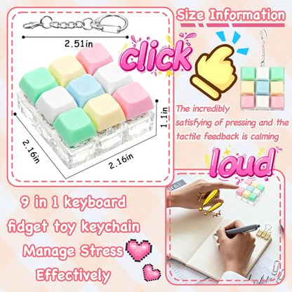 Keyboard Fidget Toy, Keyboard Keychain Fidget Toys, 9-in-1 Clicker Fidget Toy, Stress Relief Desk Decompression Button, Anxiety Relief Valentine's Day Gifts (5 Color-Yellow Pink Green) - color: 5 Color-yellow Pink Green