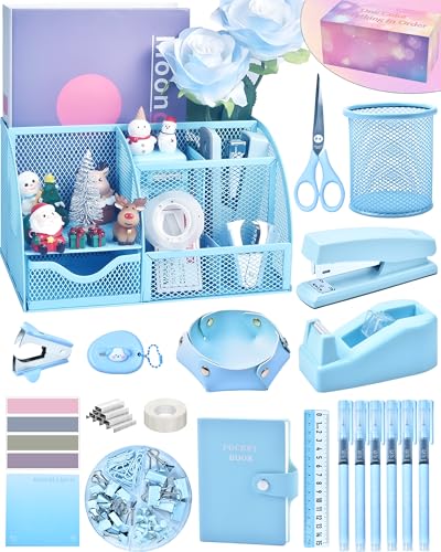 Blue Desk Accessories, 26Pcs Office Supplies and Desk Organizers, with Tape Dispenser, Stapler, Staple Remover, Ect, Gift Box Packaging - color: Blue
