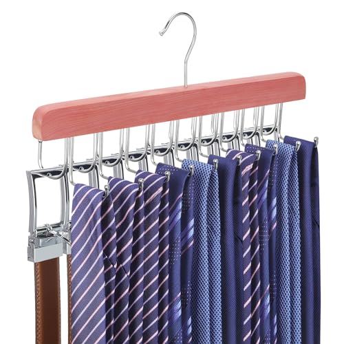 TOPIA HANGER Cedar 2 in 1 Belt Tie Hanger for Closet Max 30 Belts with 30 Ties Capacity, 20 Hooks Belt Tie Racks Hanger for Closet Organizer Storage “U” Fit Belt and “一” Fit Tie - CT53C - color: Cedar