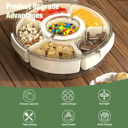 Divided Serving Tray with Lid and Handle, Portable Snackle Box for Veggie, Fruit Snacks Organizer, Clear Snack Spinner Container for Outdoor, Kitchen, Party, Travel