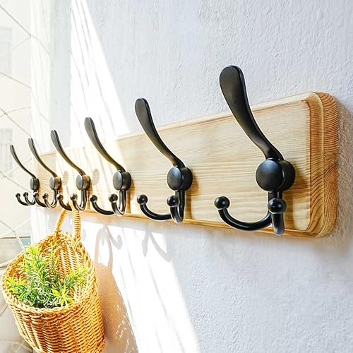 Dseap Coat Rack Wall Mounted - 24" Long 6 Tri Hooks, Heavy Duty Wooden Wall Coat Hanger Coat Hook for Clothes Hat Jacket Clothing, Weathered Light Natural and Black - color: Light Brown & Black, size: L=24"