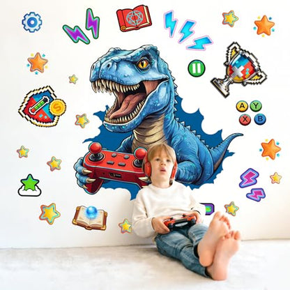 Gaming Dinosaur Wall Stickers Blue Pixel Art Dinosaur Game Console Trophy Decal Cartoon Peel and Stick for Kids Room Playroom (Dinosaur)
