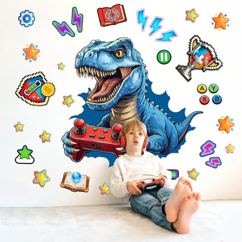 Gaming Dinosaur Wall Stickers Blue Pixel Art Dinosaur Game Console Trophy Decal Cartoon Peel and Stick for Kids Room Playroom (Dinosaur)