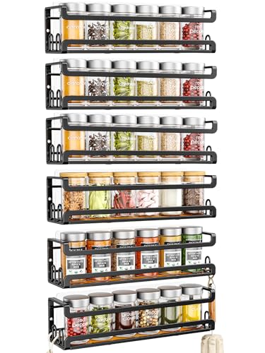 Doakhirmit Wall Mounted Spice Rack with 16 Hooks, Rustic Wood Spice Organizer Shelf for Stove Cabinet Pantry Door,Screw or Adhesive Hanging Spice Shelf,Wall Spice Rack in Kitchen and RV,6 Pack - size: 6 Pack