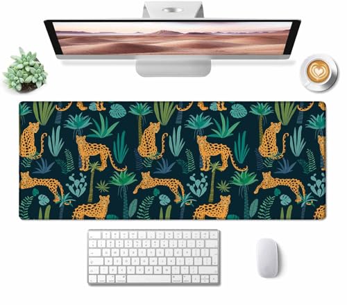 Gaming Mouse Pad XXL XL Large Mouse Pad Mat Long Extended Mousepad Desk Pad Non-Slip Rubber Mouse Pads Stitched Edges Thin Pad (31.5x11.8x0.12 Inch)-Leopard Pattern with Tropical Leaves - color: Leopard Pattern With Tropical Leaves, size: 31.5L x 11.8W in