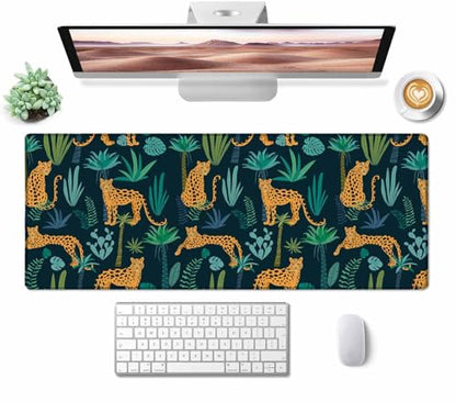 Gaming Mouse Pad XXL XL Large Mouse Pad Mat Long Extended Mousepad Desk Pad Non-Slip Rubber Mouse Pads Stitched Edges Thin Pad (31.5x11.8x0.12 Inch)-Leopard Pattern with Tropical Leaves - color: Leopard Pattern With Tropical Leaves, size: 31.5L x 11.8W in