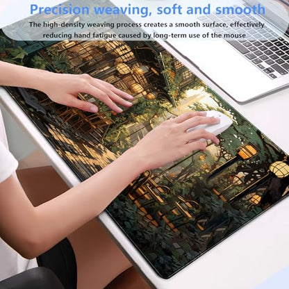 Extended Gaming Mouse Pad XL, Anime Street Desk Pad Mat 31.5x15.7, Non-Slip | Beautiful large desk pad with a cozy anime cafe street scene print. Ideal for healing visual desk setups. - color: Anime Street Scene