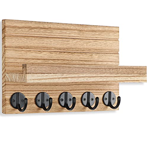 Lwenki Key Holder for Wall, Decorative Key and Mail Holder with Shelf Has Large Key Hooks for Bags, Coats – Paulownia Wood Key Hanger with Mounting Hardware (9.8”W x 6.7”H x 4.2”D) (Burnt Wood) - color: Burnt wood