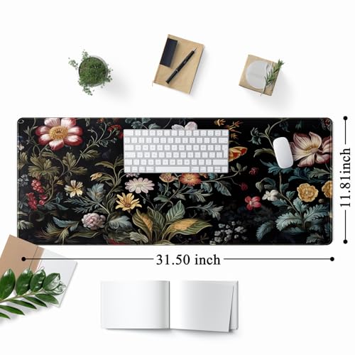 Dark Floral Desk Mat Vintage Aesthetic Desk Pad Flower Plant Black Extended Mouse Pad Large Gaming Mousepad XL Laptop Computer Mouse Keyboard Mat 31.5 x 11.8 in for Office Decor - color: Dark Floral