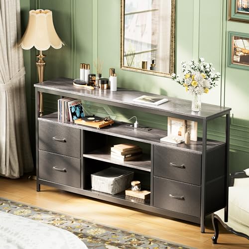 Huuger TV Stand Dresser with Power Outlets and LED Lights, 4 Drawers Entertainment Center with Shelves, 54in Media Console for 55 60 Inch TV, Dresser with PU Finish, Grey and Black - color: Grey and Black, size: 54 Inches