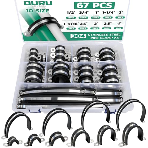 OURU 67pcs Pipe Clamp Assortment Kit 304 Stainless Steel, 10 Sizes (1/2"-4") Heavy Duty Rubber Cushioned Insulated Pipe Strap, U Bracket Clamp Conduit Clamp for Automotive, Wire & Tube - size: 1/2"-4"