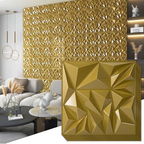 Art3d 33-Pack 3D Wall Panels for Interior Wall Decor, Diamond Textured Feature Wall Paneling for Gaming Living Room TV Wall Background Accent Wall - 12 x 12 inch Gold - color: Gold, size: 12x12 Inch 33 pcs