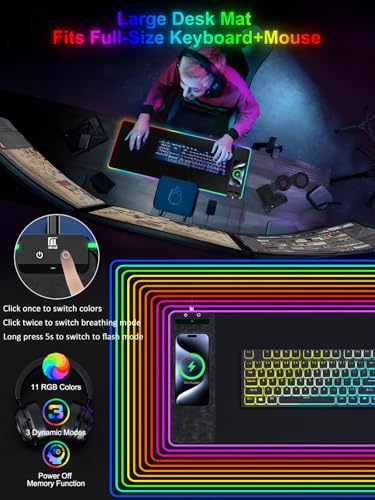 RGB Gaming Mouse Pad with Fast Wireless Charger, LED Extended Desk Mat, Home Office Large Desk Pad with Ultra-Smooth Surface, Non-Slip Base, Waterproof Keyboard Pad (Black) - color: 31.5x11.81"-Black w/PD Charger
