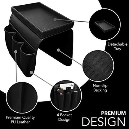 Couch Remote Caddy Control Holder Sofa Organizer with Detachable Wooden Snack Tray for Recliner Mattresses Chair Armrests with 4 Slots - 1 Large Pockets and 3 Small Pockets (Black) - color: Black