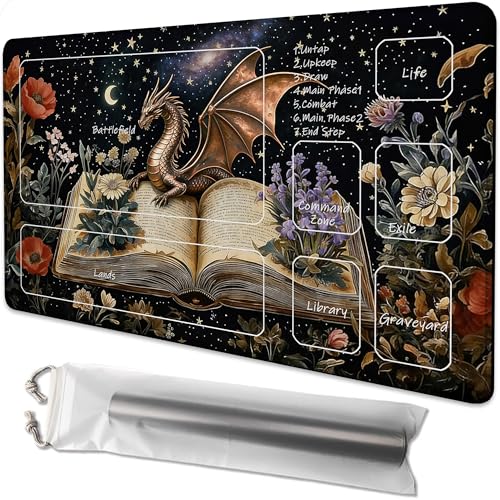 Playmat for MTG Dragon Flowers Spell Books Magic Play Mat 24x14 Inch Card Game Mat for Magic The Gathering TCG PTCG Playmat with Free Storage Bags Non-Slip Backing and Stitched Edge - color: Dragon Flowers Spell Books With Zones