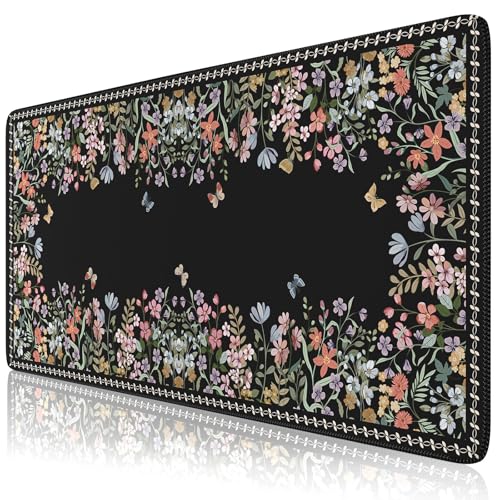 HAOCOO Floral Desk Pad for Keyboard and Mouse, Black Mouse Pad with Non-Slip Rubber Base, XXL Keyboard Mat with Edge Stitching, Soft Computer Mat, Gaming, Office Aesthetics - color: Black