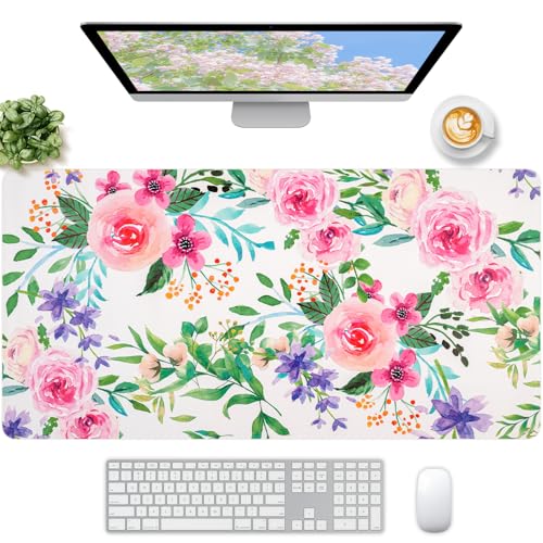 Large Desk Mat, Desk Matt for Desktop, Women Girls Waterproof Large Keyboard Pad, Cute Computer Mat for Office Work/Home/Decor/Desktop Accessories (35.4"x16.9") - color: Pinkflower, size: 35.4" x 16.9"