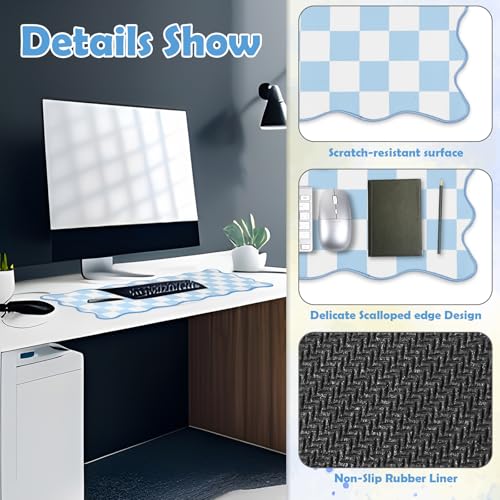 Copkim 1 Pcs Blue Scalloped Checkered Desk Mat 31.5 x 11.8 Inch Large Cute Mouse Pad Computer Mat Non Slip Waterproof Rubber Base with Border Stitching Soft Keyboard Pad for Home Office Gaming Makeup - color: Blue, style: Checkered