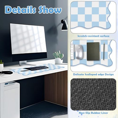 Copkim 1 Pcs Blue Scalloped Checkered Desk Mat 31.5 x 11.8 Inch Large Cute Mouse Pad Computer Mat Non Slip Waterproof Rubber Base with Border Stitching Soft Keyboard Pad for Home Office Gaming Makeup - color: Blue, style: Checkered