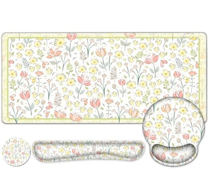 Desk Mat, 4in1 Large Mouse Pad with Wrist Rest, Cute Desk Mat, Anti-Slip XXL Computer Ergonomic Mousepad with Wrist Support for Keyboard and Mouse, Nice Yellow Flowers - color: Nice Yellow Flowers