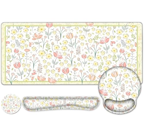 Desk Mat, 4in1 Large Mouse Pad with Wrist Rest, Cute Desk Mat, Anti-Slip XXL Computer Ergonomic Mousepad with Wrist Support for Keyboard and Mouse, Nice Yellow Flowers - color: Nice Yellow Flowers