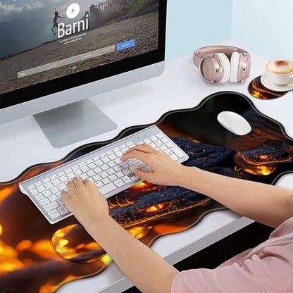 Bxgolkgd Desk Mat Set,Mouse Pad with Keyboard Wrist Rest & Mouse Wrist Rest,Wave-Shaped Design,Non-Slip Rubber Base,Ergonomic Desk Mat for Home,Office,Gaming,Flame and Python - color: Flame and Python